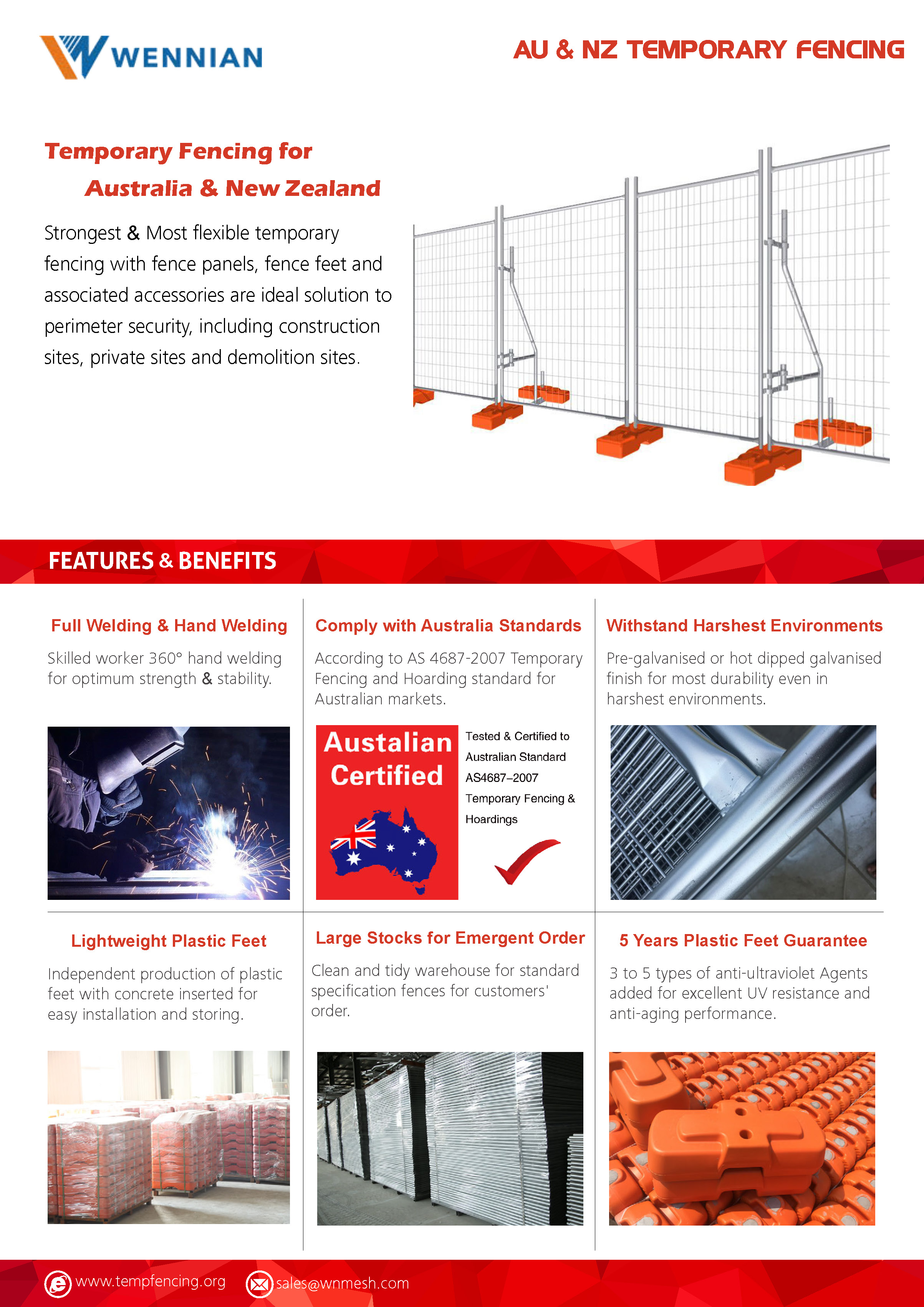 A line of temporary fencing with orange plastic feet and bracing on white background.