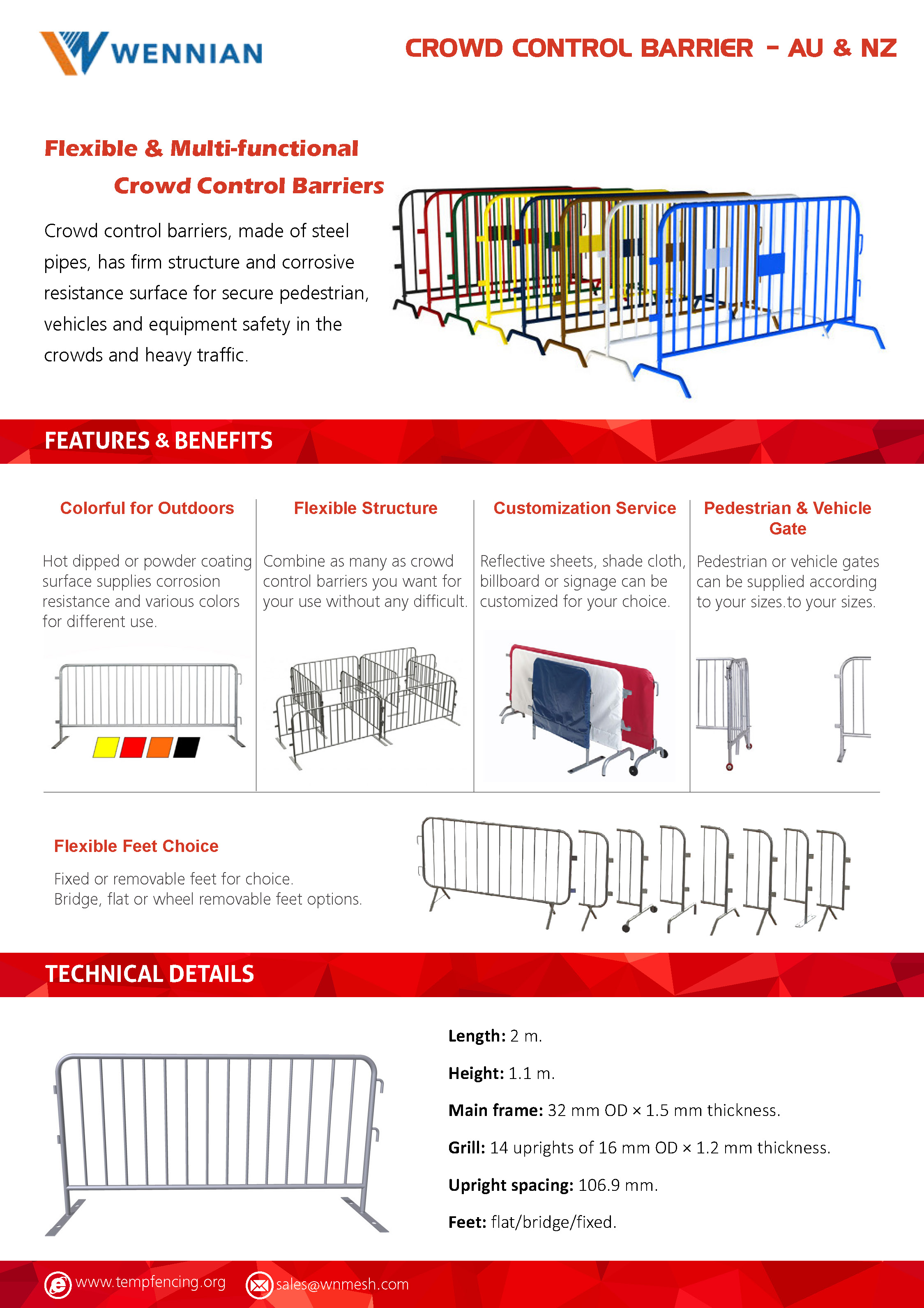 Several different colors of crowd control barriers on white background.