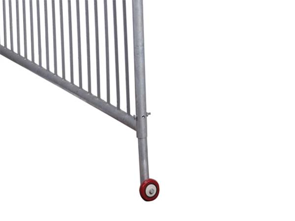 A close up picture of removable wheel feet for barricade gate.