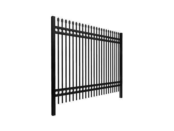 A drawing picture of 4-rail rod top ornamental steel tubular fence with decorative rings.